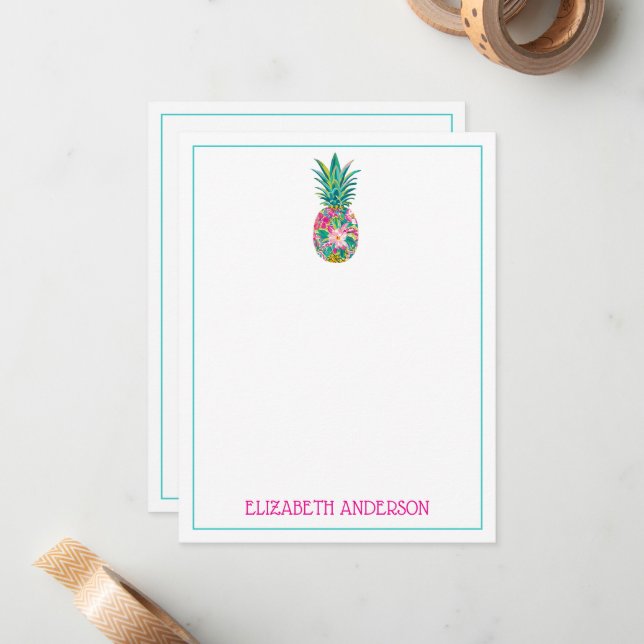 Tropical Pink and Green Floral Pineapple Card (Front/Back In Situ)