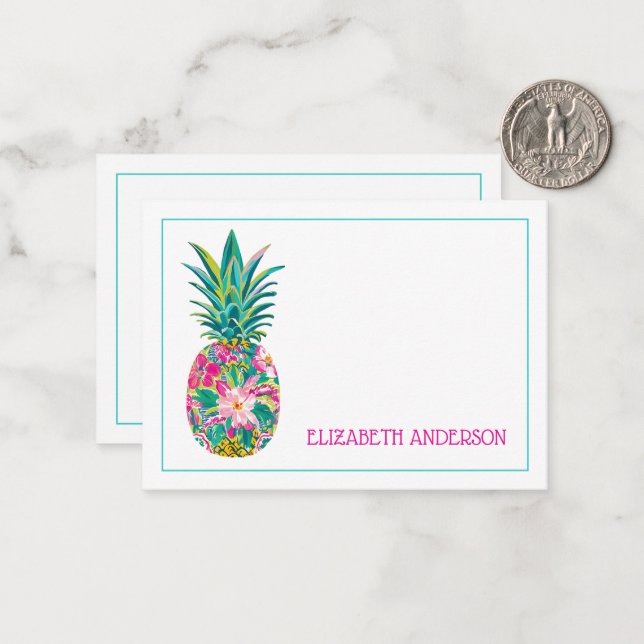 Tropical Pink and Green Floral Pineapple Card (Front/Back In Situ)