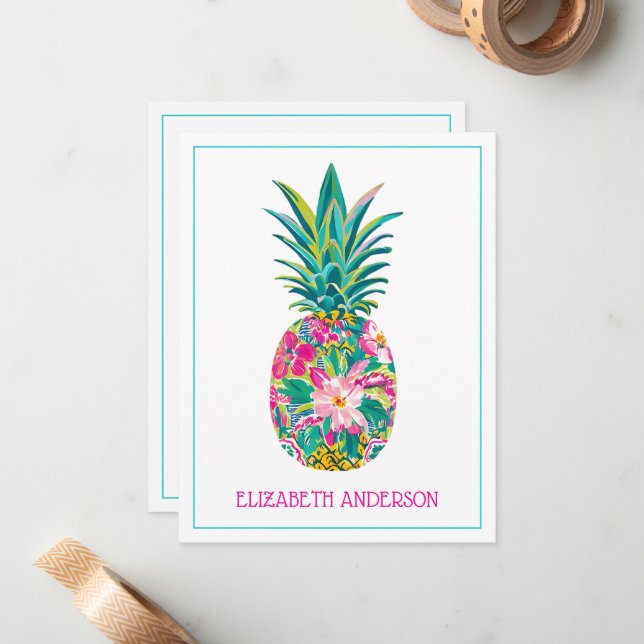Tropical Pink and Green Floral Pineapple Card (Front/Back In Situ)