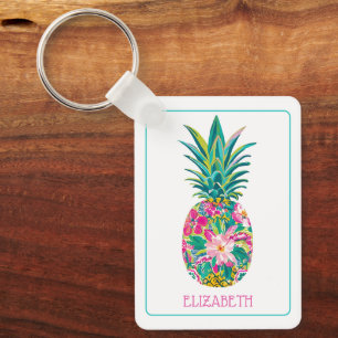 Tropical Pink and Green Floral Pineapple Key Ring
