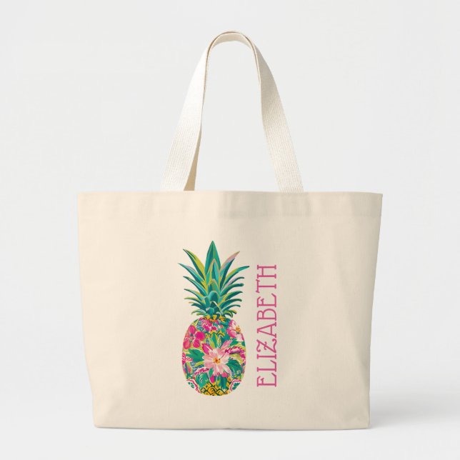 Tropical Pink and Green Floral Pineapple Large Tote Bag (Front)