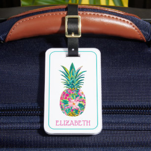 Tropical Pink and Green Floral Pineapple Luggage Tag