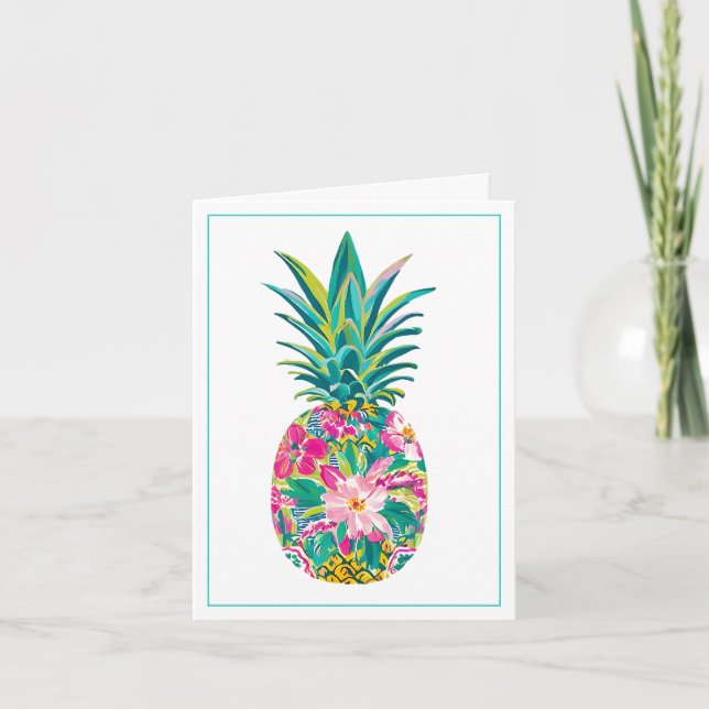 Tropical Pink and Green Floral Pineapple Note Card (Front)
