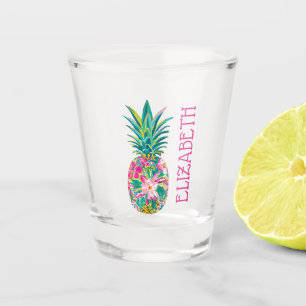 Tropical Pink and Green Floral Pineapple Shot Glass