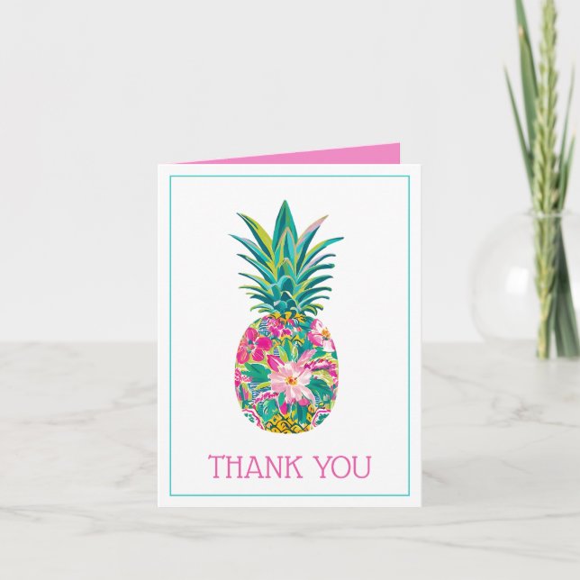 Tropical Pink and Green Floral Pineapple Thank You Card (Front)