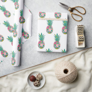 Tropical Pink and Green Floral Pineapple Wrapping Paper