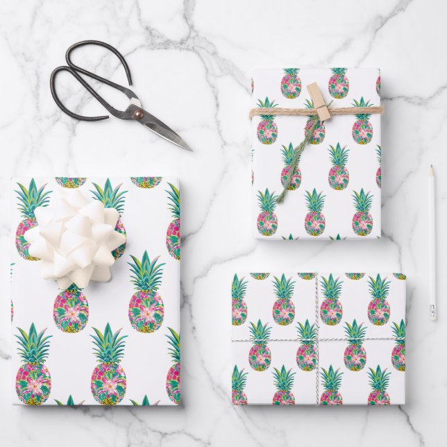 Tropical Pink and Green Floral Pineapple Wrapping Paper Sheet (Front)