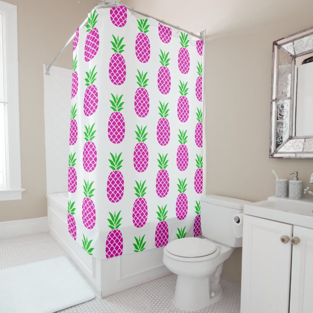 Tropical Pink and Green Pineapple Shower Curtain (In Situ)
