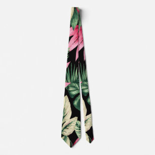 Tropical Pink and Green Plants on Black Tie