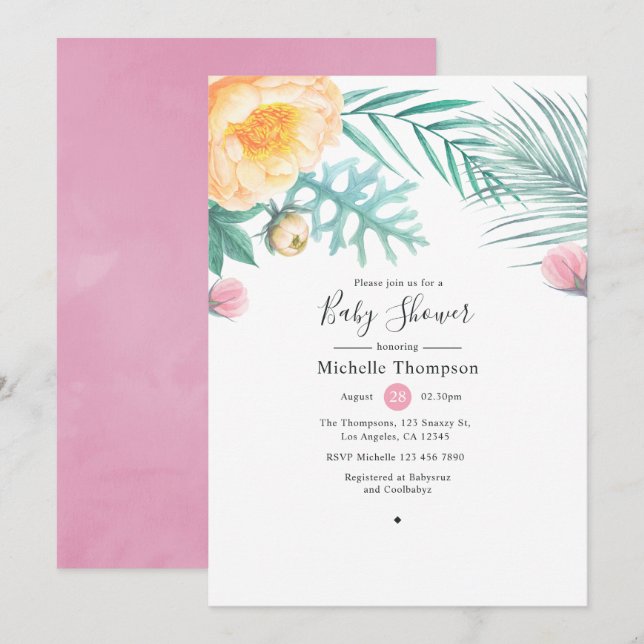 Tropical Pink and Mint Floral Baby Shower Invitation (Front/Back)