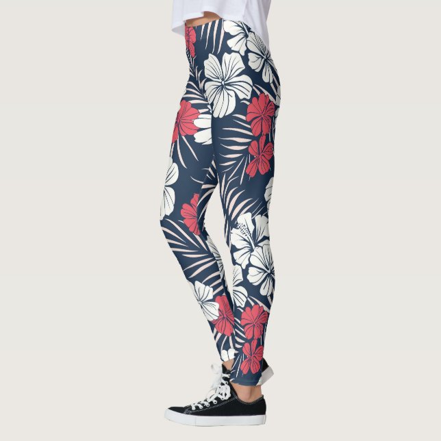 Tropical Pink and Navy Floral Leggings (Left)