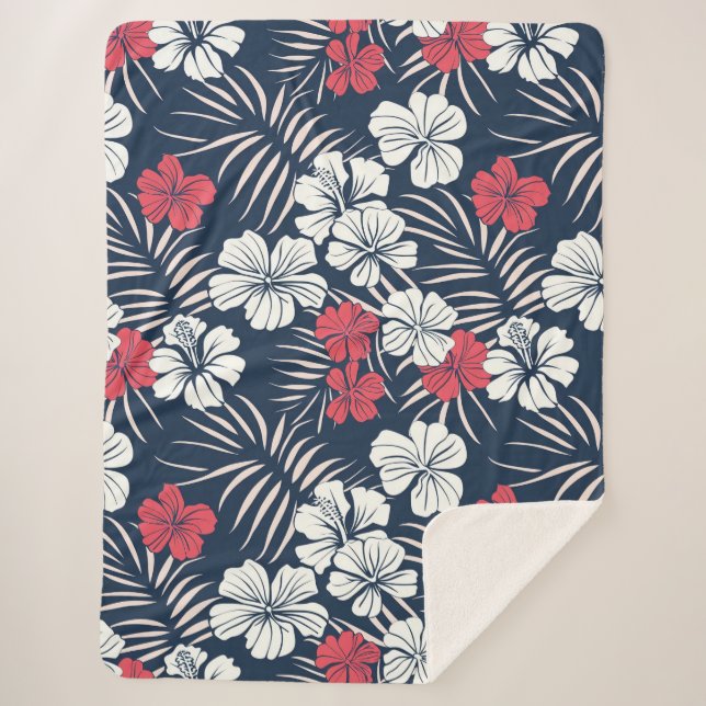 Tropical Pink and Navy Floral Sherpa Blanket (Front)