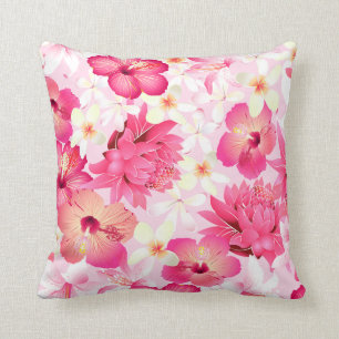 Tropical pink and white flowers cushion