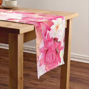 Tropical pink and white flowers short table runner