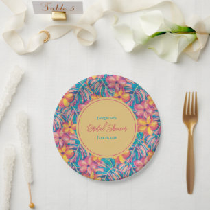 Tropical Pink and Yellow Floral Bridal Shower Paper Plate