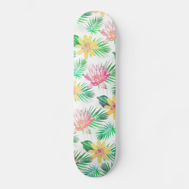 Tropical Pink and Yellow Flowers Skateboard (Front)