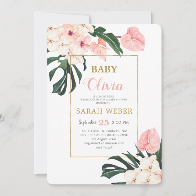 Tropical pink baby girl shower invitation (Front)