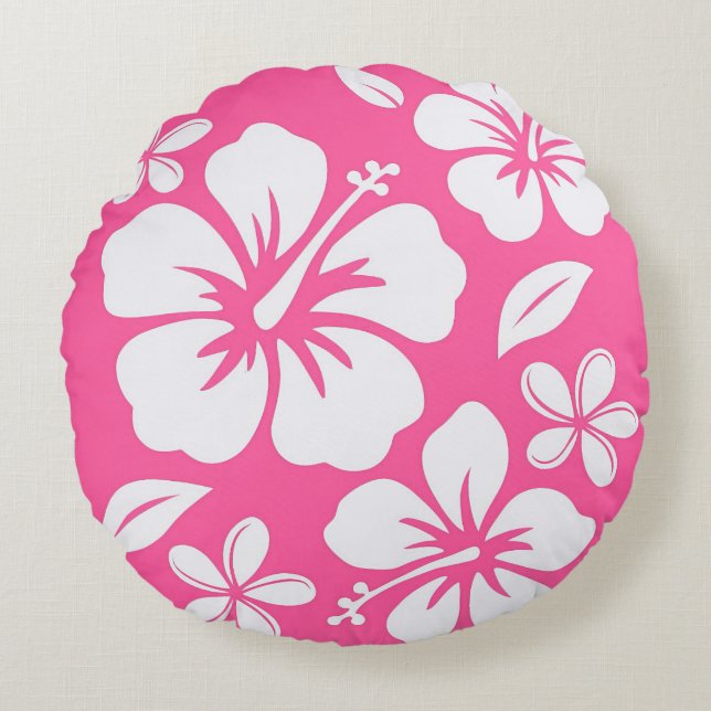Tropical Pink Beach Flowers Round Cushion (Front)