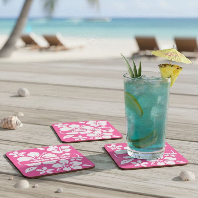 Tropical Pink Beach Flowers Square Paper Coaster (tropical pink beach coasters)
