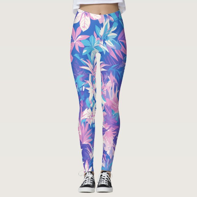 🌺 Tropical Pink & Blue Floral Pattern - Fresh & V Leggings (Front)