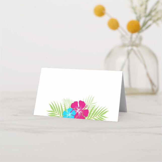 Tropical Pink Blue Hibiscus Folding Label or Place Card (Front)