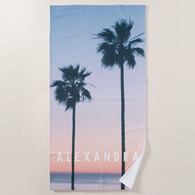 Tropical Pink & Blue Ombre Palm Tree Sunset Name Beach Towel (Front)