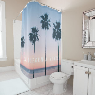 Tropical Pink Blue Palm Trees Sunset Personalised Shower Curtain