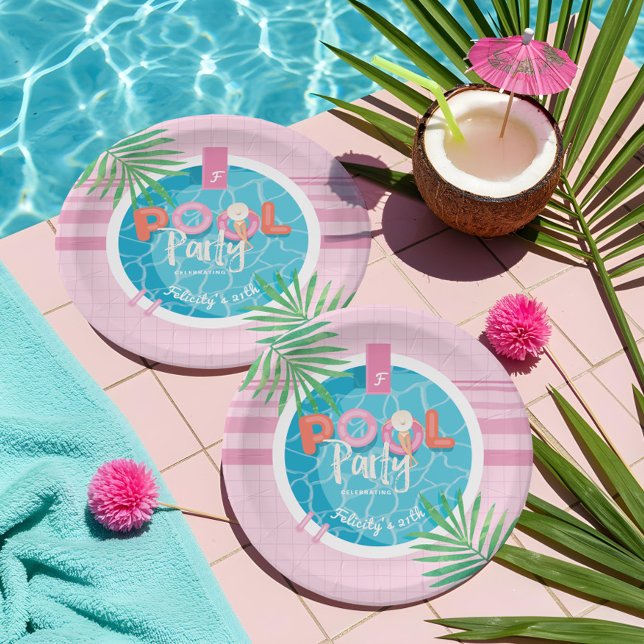 Tropical Pink & Blue Summer Birthday Pool Party Paper Plate (Tropical Pink & Blue Summer Birthday Pool Party Paper Plates)