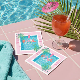 Tropical Pink & Blue Tropical Birthday Pool Party Napkin