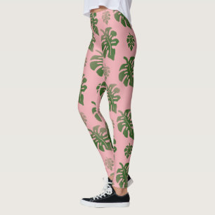 Tropical Pink Botanical Monstera Leaves Pattern Leggings