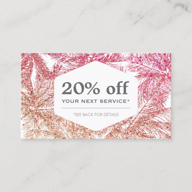 Tropical Pink/Bronze Glitter Palms Discount Card (Front)
