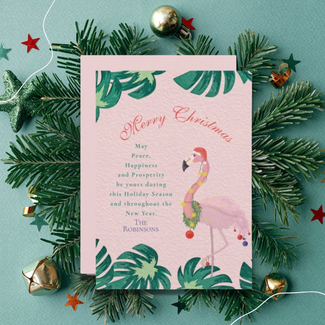 Tropical Pink Christmas Flamingo Santa Hat Baubles Holiday Card (Creator Uploaded)