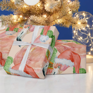 Tropical Pink Christmas Flamingos Santa Hat Wrapping Paper
