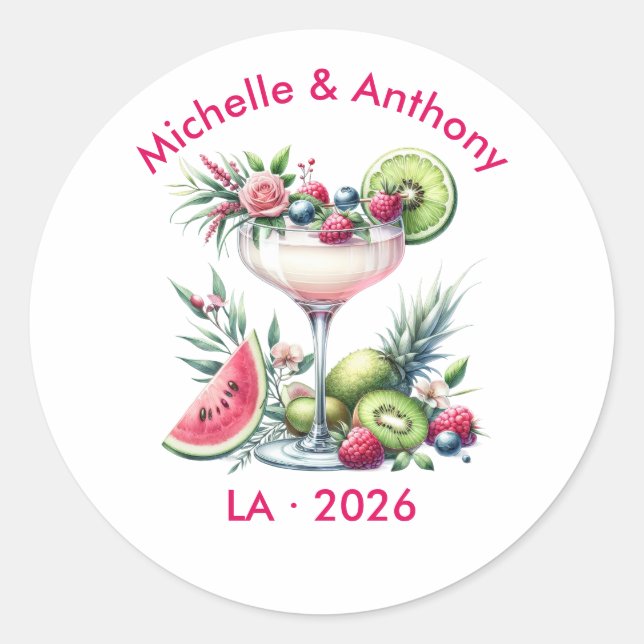 Tropical Pink Cocktail Wedding Classic Round Sticker (Front)