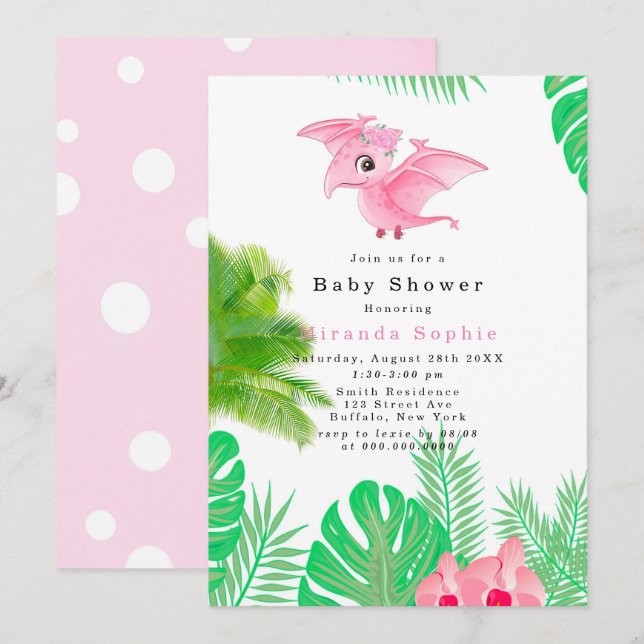 Tropical Pink Dinosaur Cute Girl Baby Shower Invitation (Front/Back)