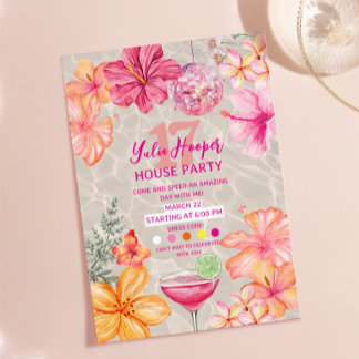Tropical Pink Disco Ball Hibiscus Pool Birthday Invitation