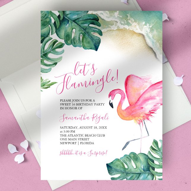 Tropical Pink Flamingo 16th Birthday Party Invitation (birthday party sweet 16 tropical luau pink flamingo green monstera palm leaves ocean waves)