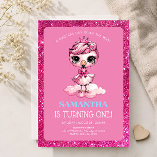 Tropical Pink Flamingo 1st Birthday Party Invitation