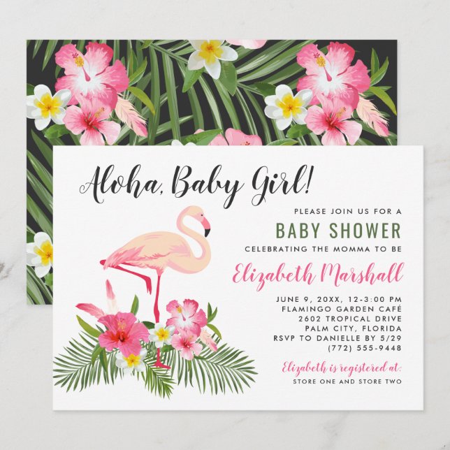 Tropical Pink Flamingo Aloha Baby Girl Shower Invitation (Front/Back)