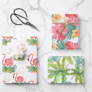 Tropical Pink Flamingo And Flowers Wrapping Paper Sheet