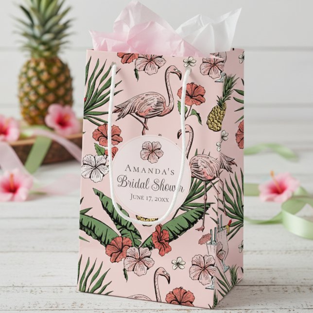 Tropical Pink Flamingo and Hibiscus Bridal Shower Small Gift Bag (Chic Pink Tropical Floral Pink Flamingo, Hibiscus Flowers & Banana Leaves Bridal Shower Gift Bags)