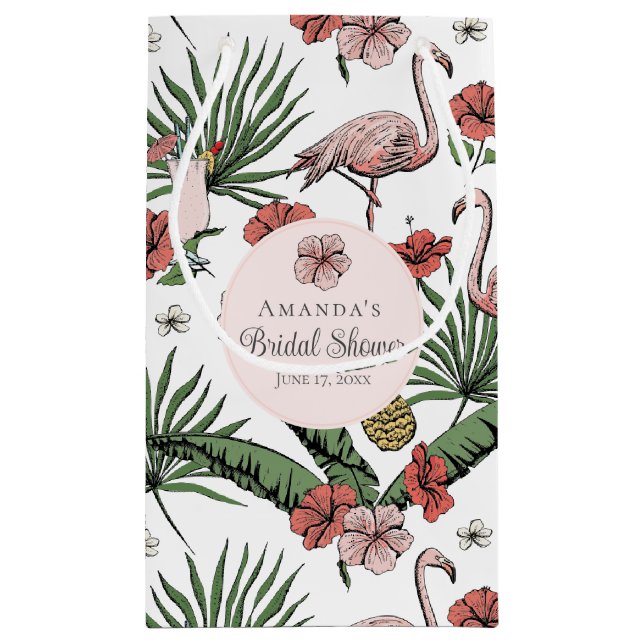 Tropical Pink Flamingo and Hibiscus Bridal Shower Small Gift Bag (Back)