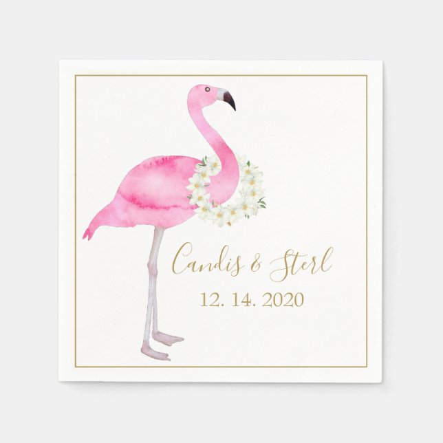 Tropical Pink Flamingo and Magnolias Wedding Napkin (Front)