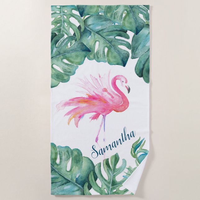 Tropical Pink Flamingo and Palm Leaves Beach Towel (Front)