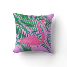 Tropical Pink Flamingo and Palm Leaves on Purple