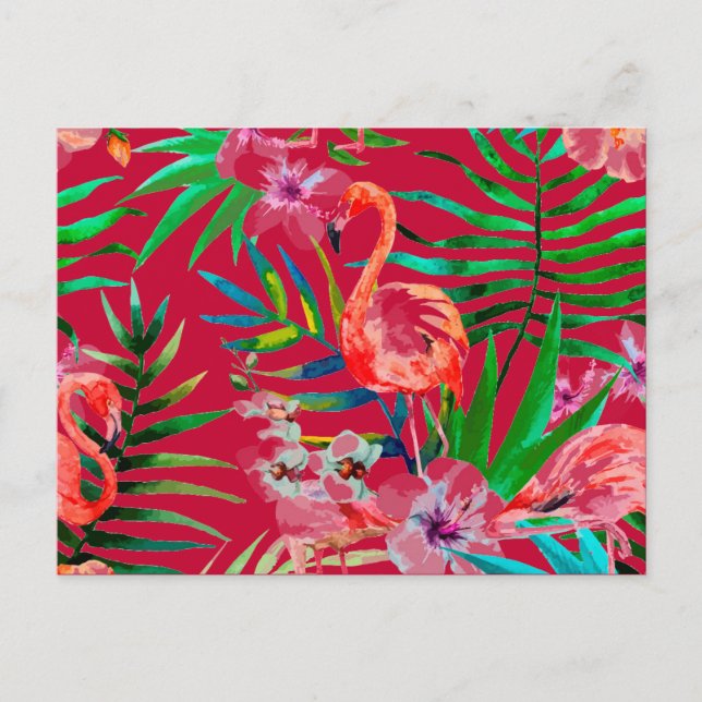 Tropical pink flamingo art postcard (Front)