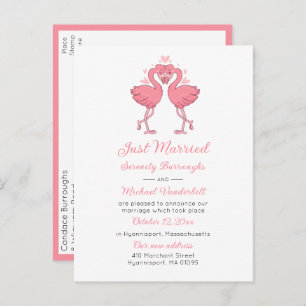 Tropical Pink Flamingo Beach Hawaiian Just Married Announcement Postcard