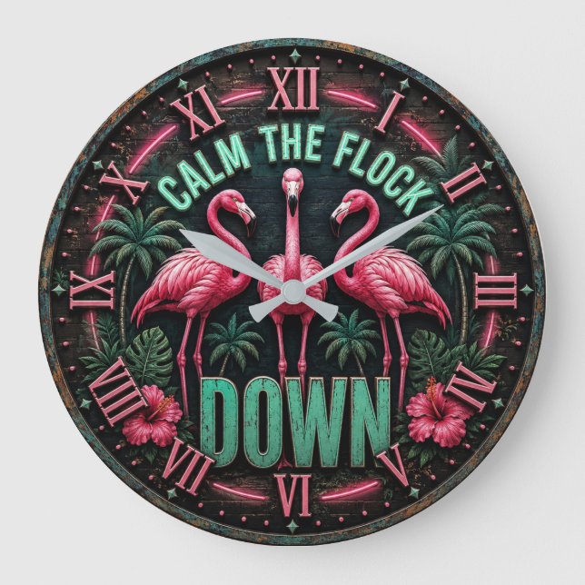 Tropical Pink Flamingo Beach Summer Home Large Clock (Front)