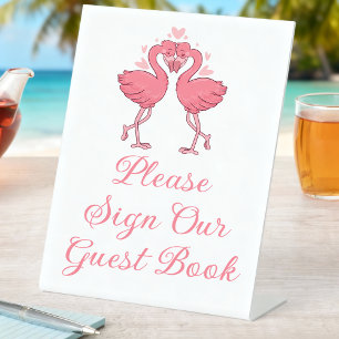 Tropical Pink Flamingo Beach Wedding Guest Book Pedestal Sign