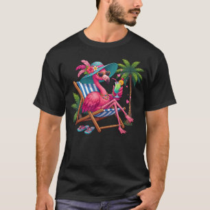 Tropical Pink Flamingo Bird Palm Tree Beach T-Shirt